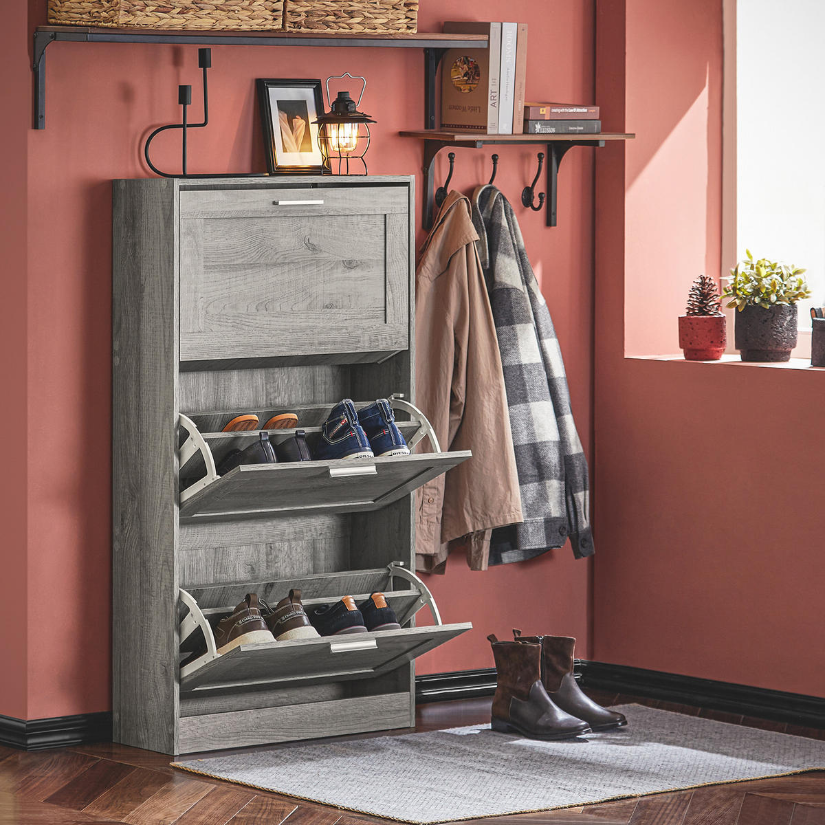 SCHUHSCHRANK Grau - Grau, Holzwerkstoff (60/115/23cm) - SoBuy