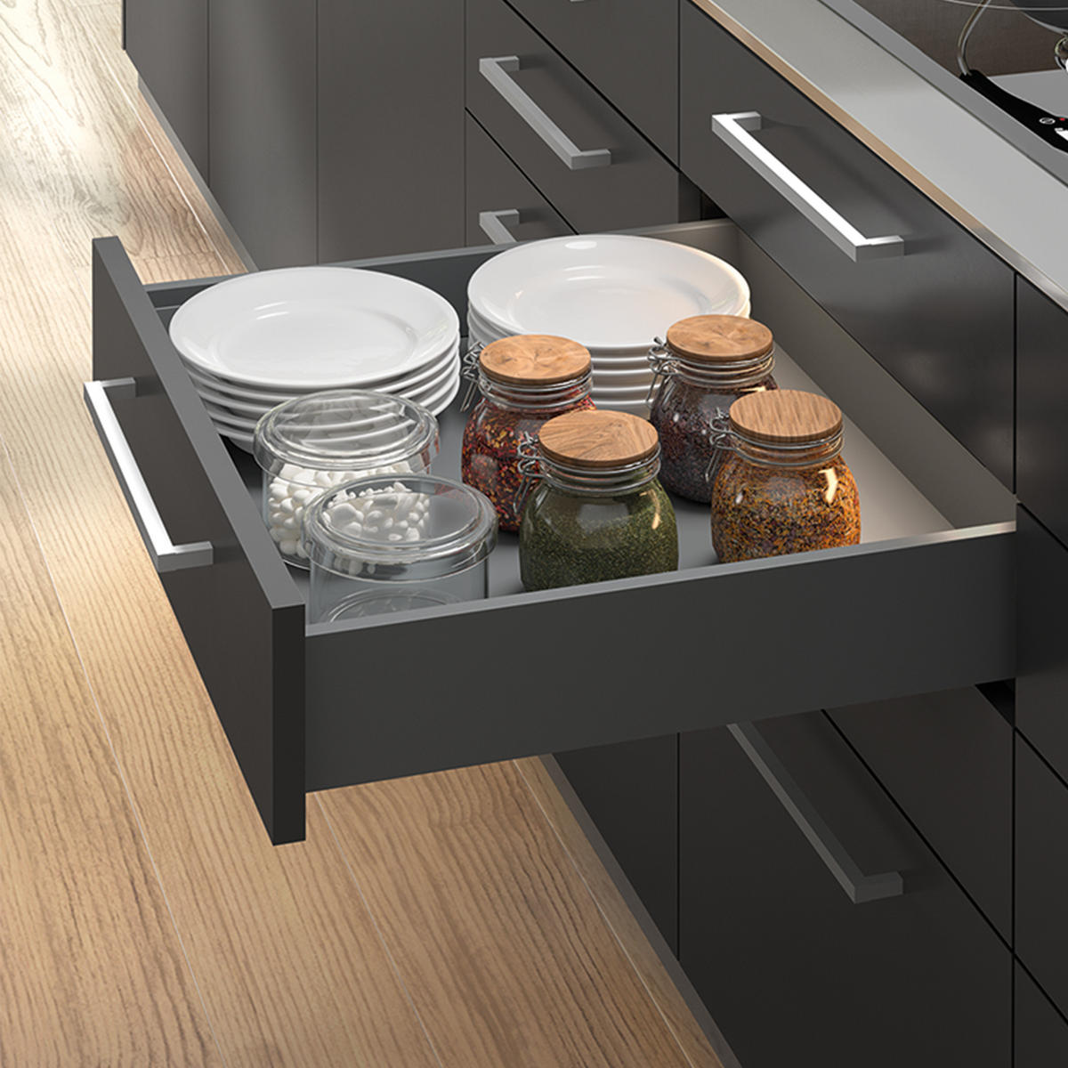 SCHUBLADEGARNITUR Vertex für Küche oder Badezimmer, Höhe 178mm, mit Einlegeböden, Modul 450mm, Anthrazitgrau - Anthrazit, Metall (43.5/8/53cm) - EMUCA