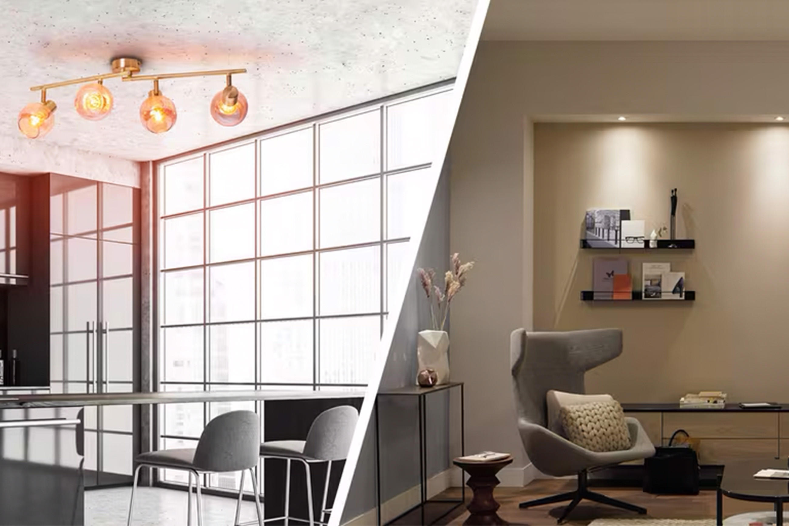 Bild mit moderner Küche und grauen Stühlen auf der linken Seite sowie gemütlichem Wohnbereich mit Regal und Sessel auf der rechten Seite