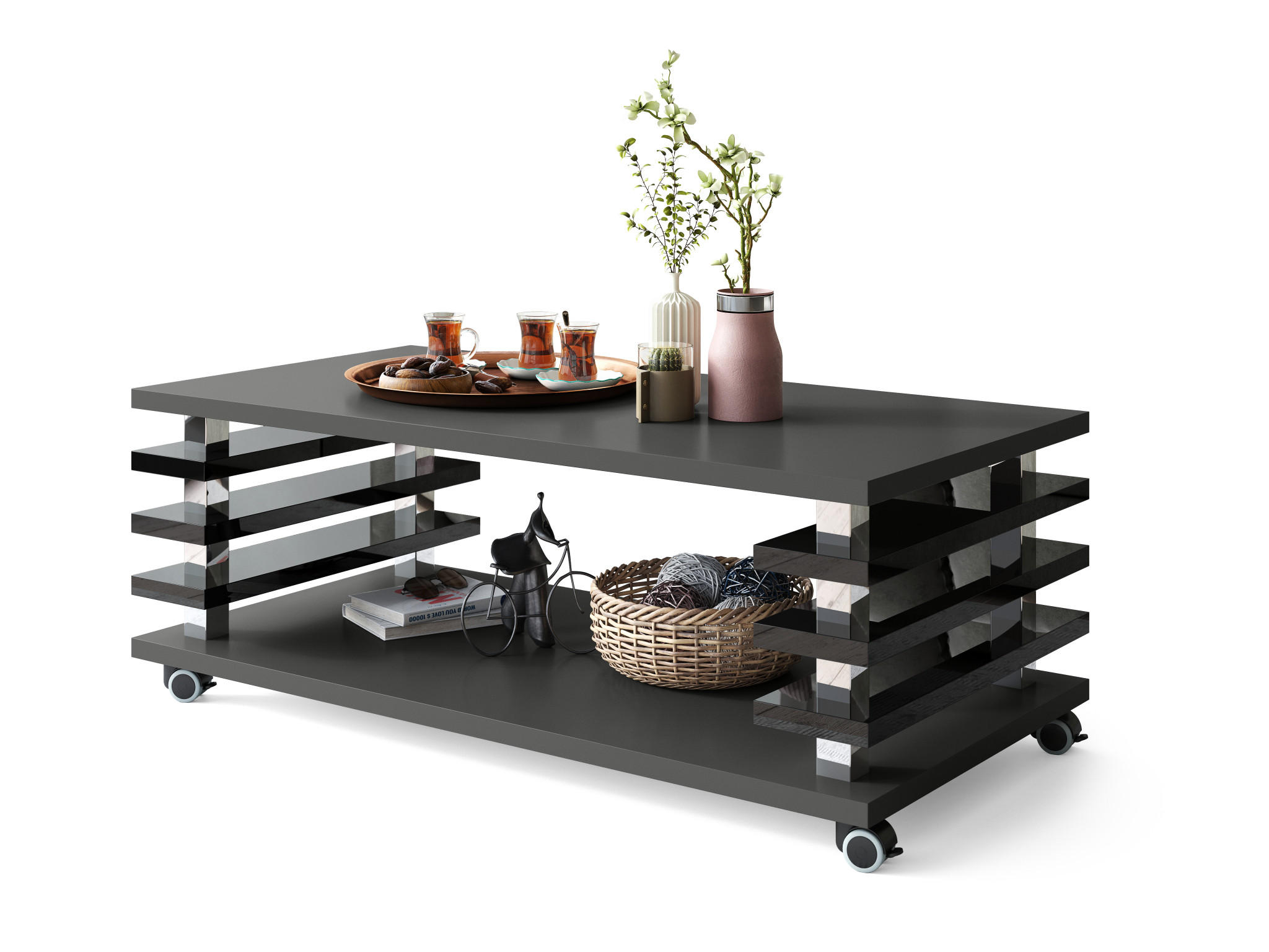 COUCHTISCH rechteckig Anthrazit matt - Schwarz Hochglanz Ablage Rollen - Schwarz Hochglanz/Anthrazit, Holzwerkstoff (60/120/45cm) - designimpex