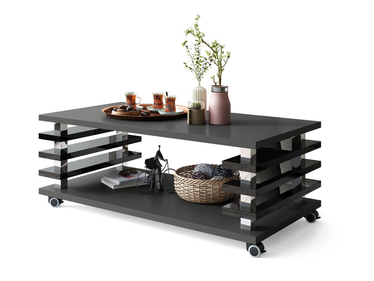 COUCHTISCH rechteckig Anthrazit matt - Schwarz Hochglanz Ablage Rollen - Schwarz Hochglanz/Anthrazit, Holzwerkstoff (60/120/45cm) - designimpex