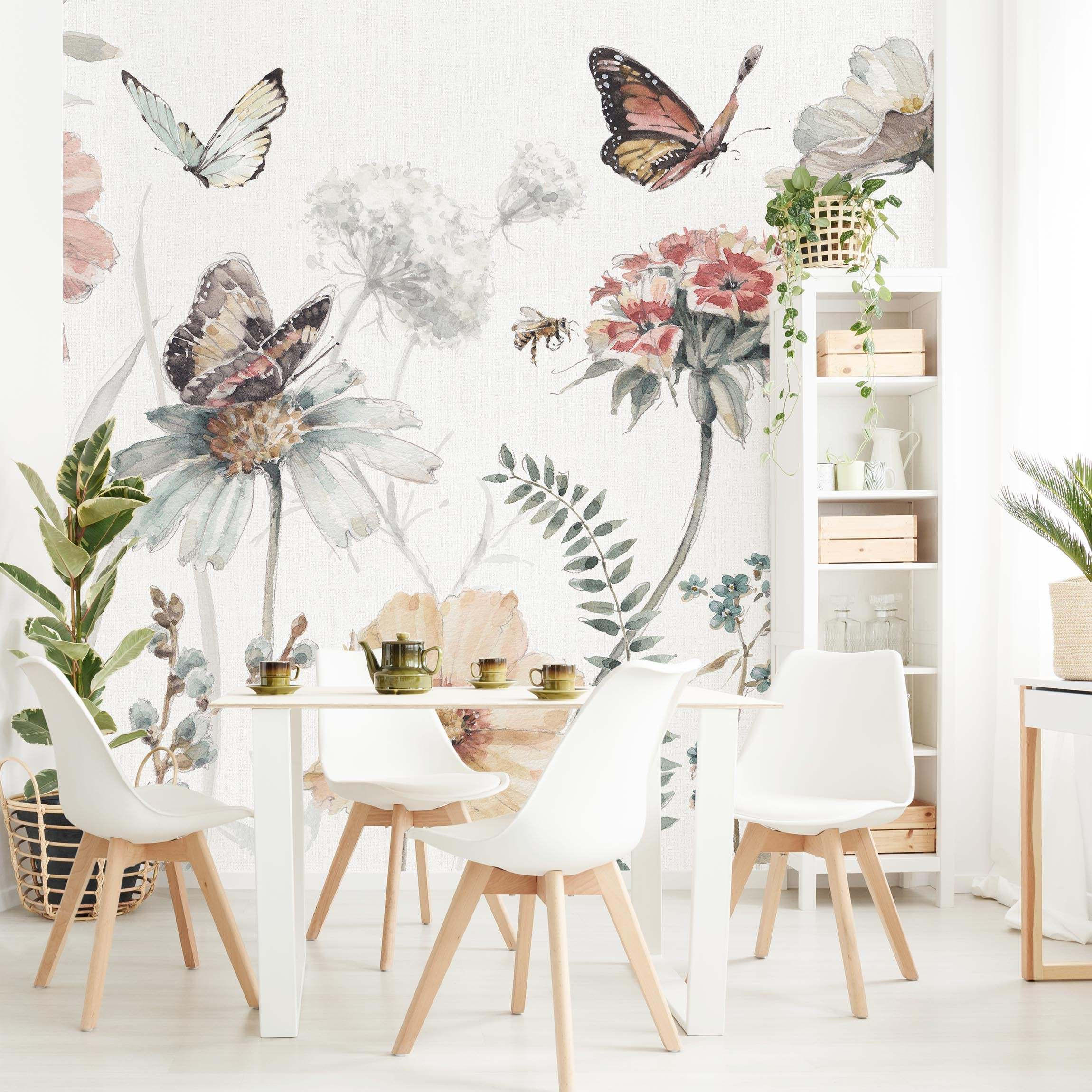 FOTOTAPETE Aquarell Blumenwiese mit Schmetterlingen 240/240 cm - Rosa, Papier (240/240cm) - Bilderwelten