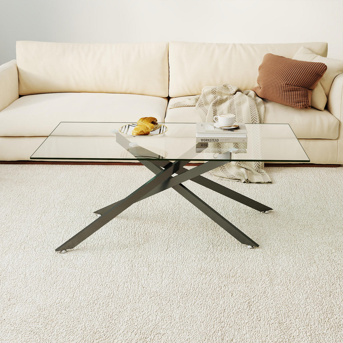 COUCHTISCH aus Glas und Metall in Schwarz mit geformte Metallbeine - Schwarz, Glas (120/60/46cm) - Modfu
