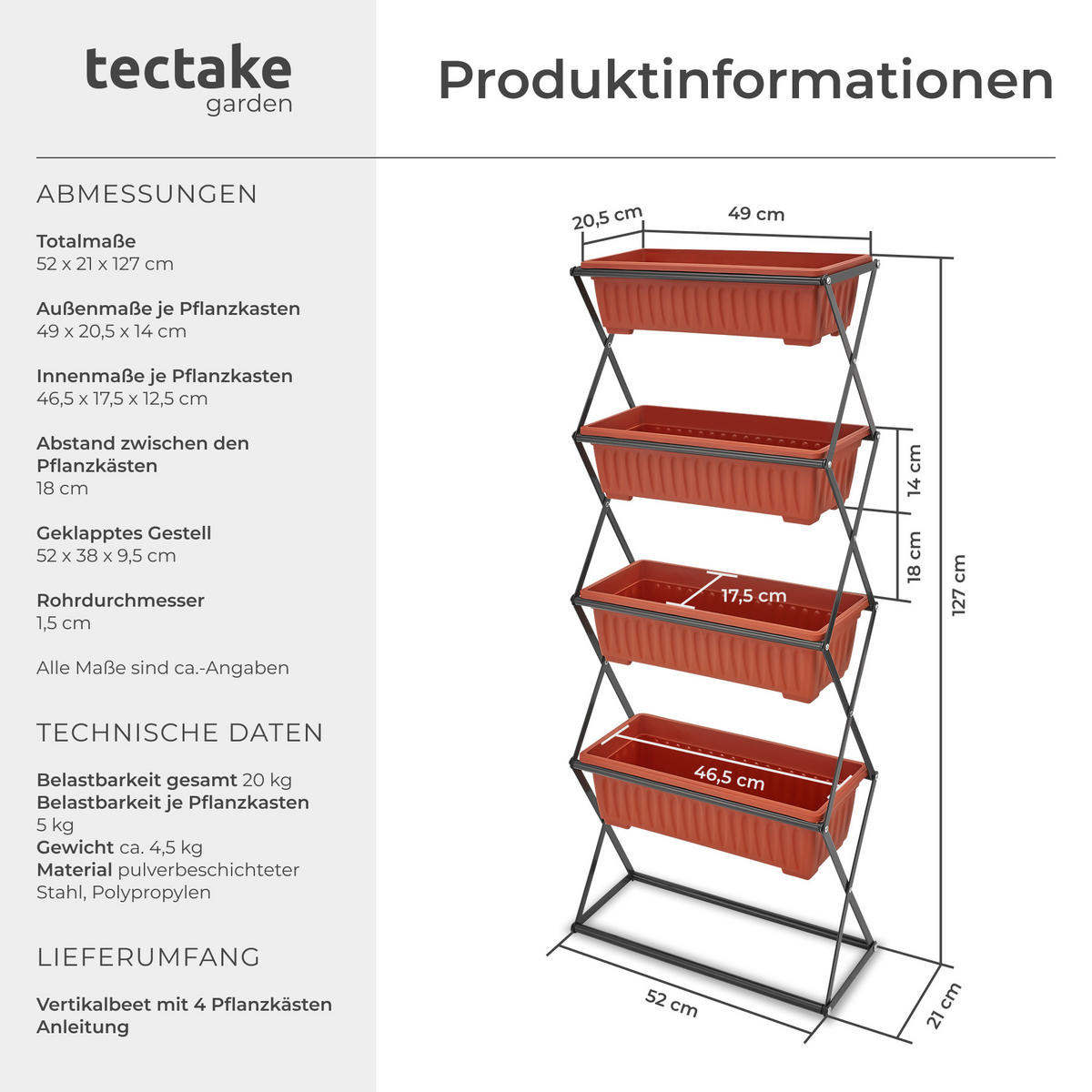 VERTIKALBEET ,52 x 21 x 127 cm,braun - Braun, Textil (21/127/52cm) - tectake