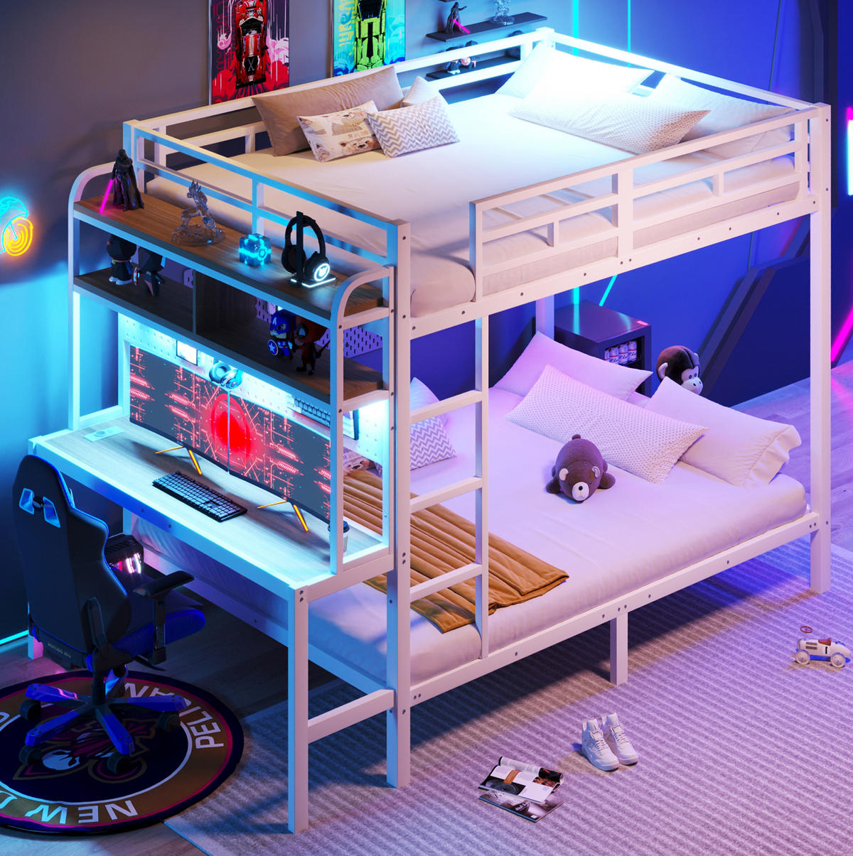ETAGENBETT 140/200 cm Weiß mit Schreibtisch und LED-Beleuchtung mit USB-Anschluss aus Metall - Weiß, Metall (140/200cm) - OKWISH