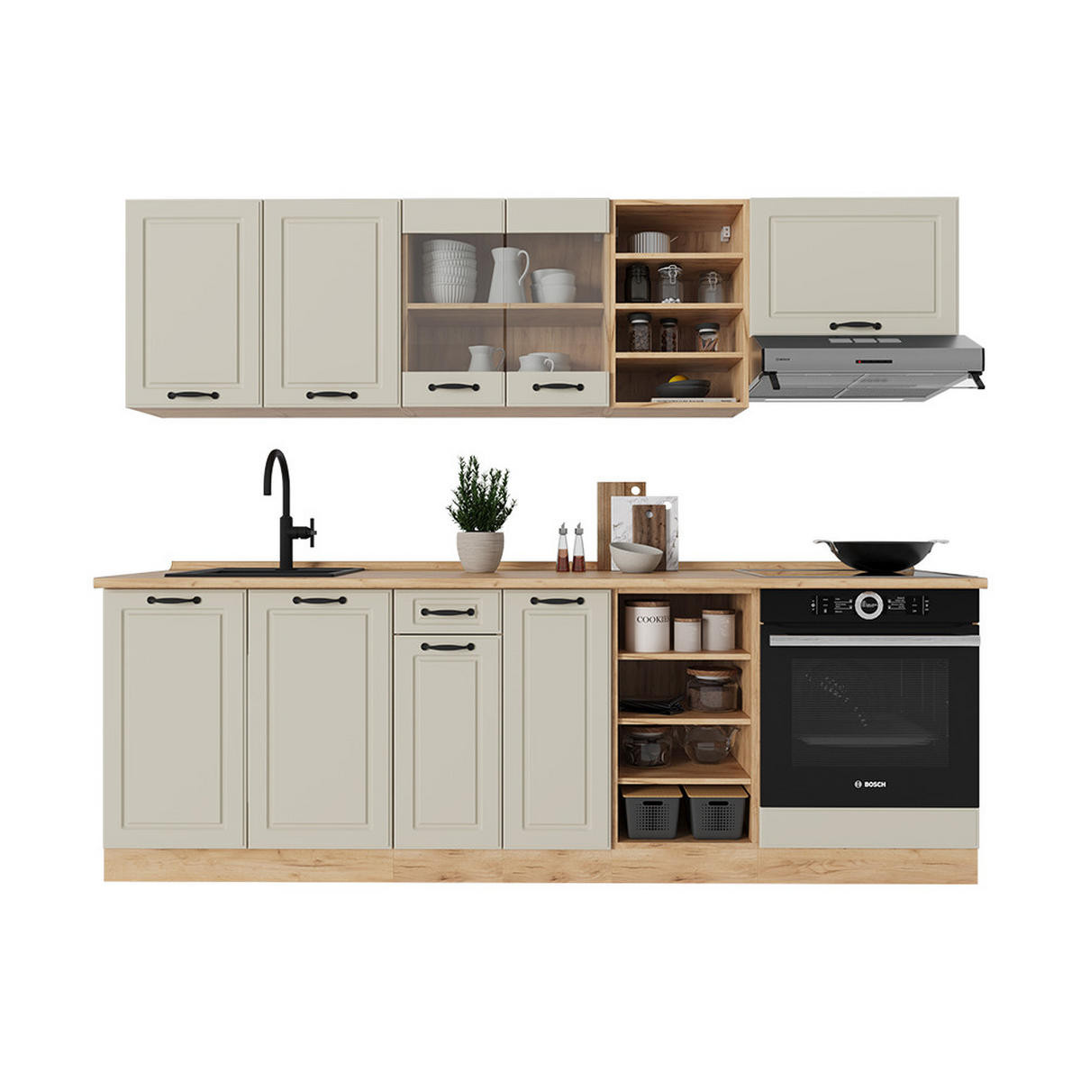 KÜCHENZEILE R-Line, Sand Landhaus/Goldkraft Eiche, 240 cm Arbeitsplatte Goldkraft Eiche - Honigeiche/Beige, Holzwerkstoff (240/206.8/60cm) - Vicco
