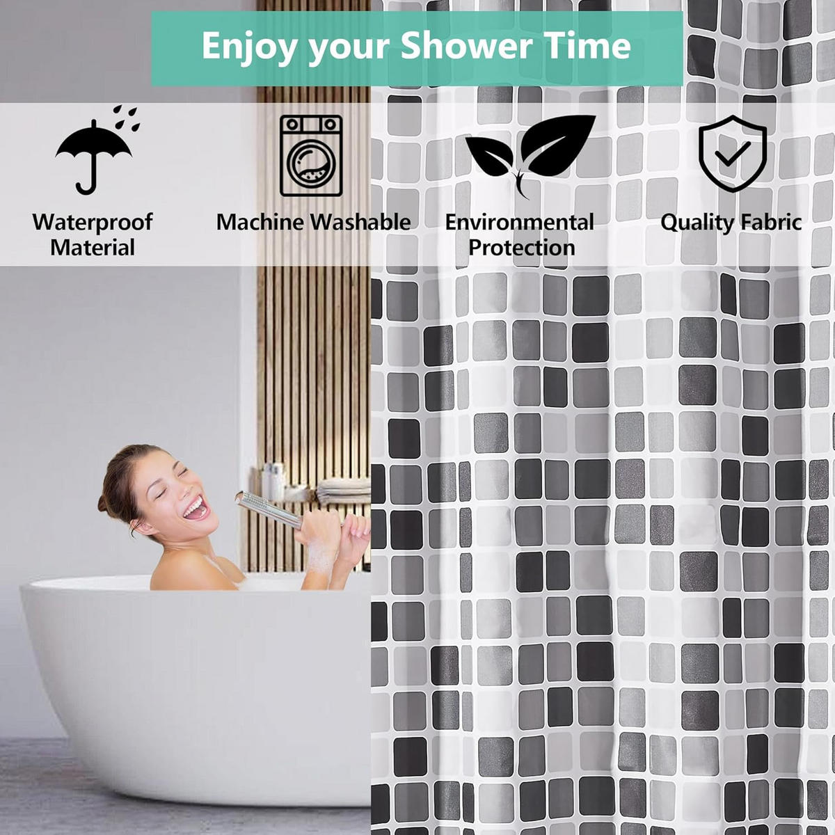 DUSCHVORHANG schimmelresistent Gewicht Stoff Polyester Badewanne wasserdicht mit Haken Schwarz Weiß Grau Mosaik - Multicolor, Textil (180/180cm) - MCBOSON