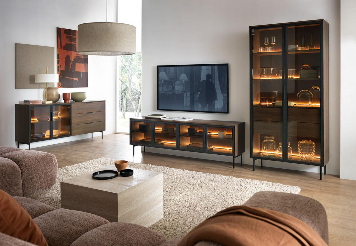 TV stolík Lumi so sklenenými čelami dub Dunin 181/61/39 cm - čierna/tmavohnedá, kov/kompozitné drevo (181.3/39.3/39.3cm) - Selsey