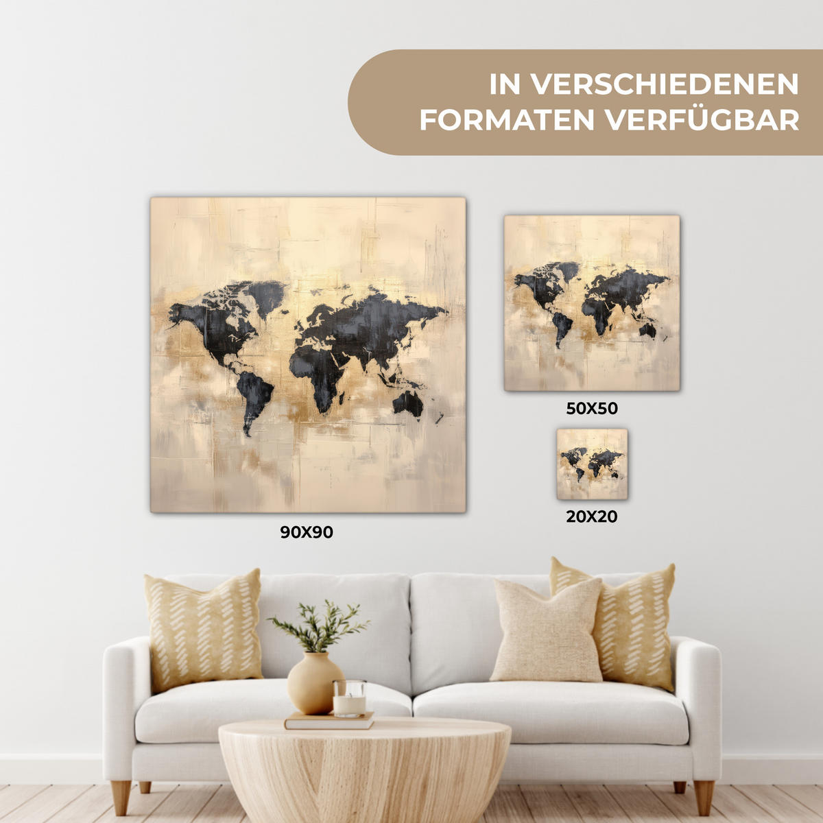 LEINWANDBILD Weltkarte - Gold - Schwarz - Abstrakt 20x20 cm - Kupferfarben, Textil (20/20cm) - MuchoWow
