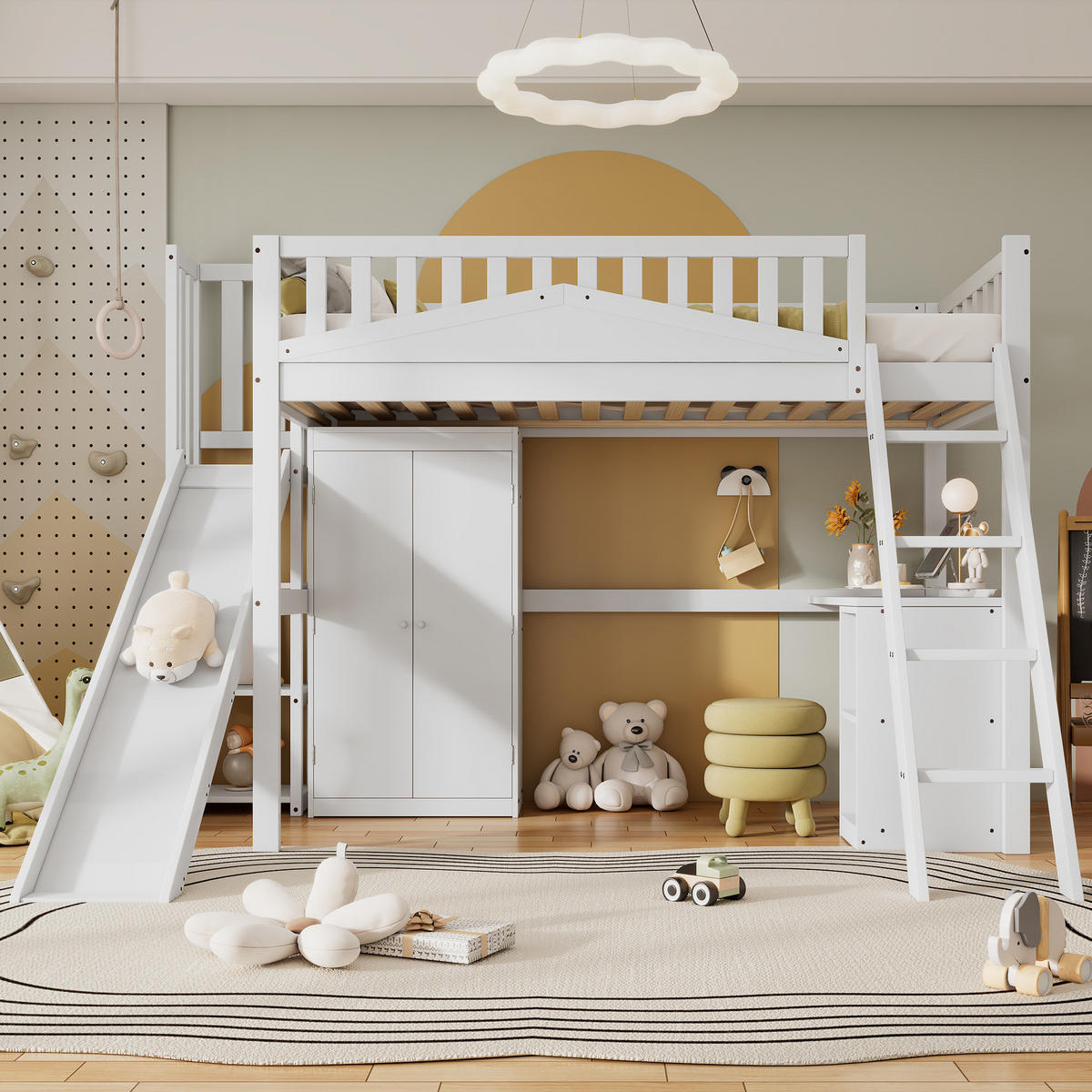 ETAGENBETT 90/200 cm Weiß mit Fallschutzgitter und Tisch aus Kiefer+MDF - Weiß, Holzwerkstoff (90/200cm) - OKWISH