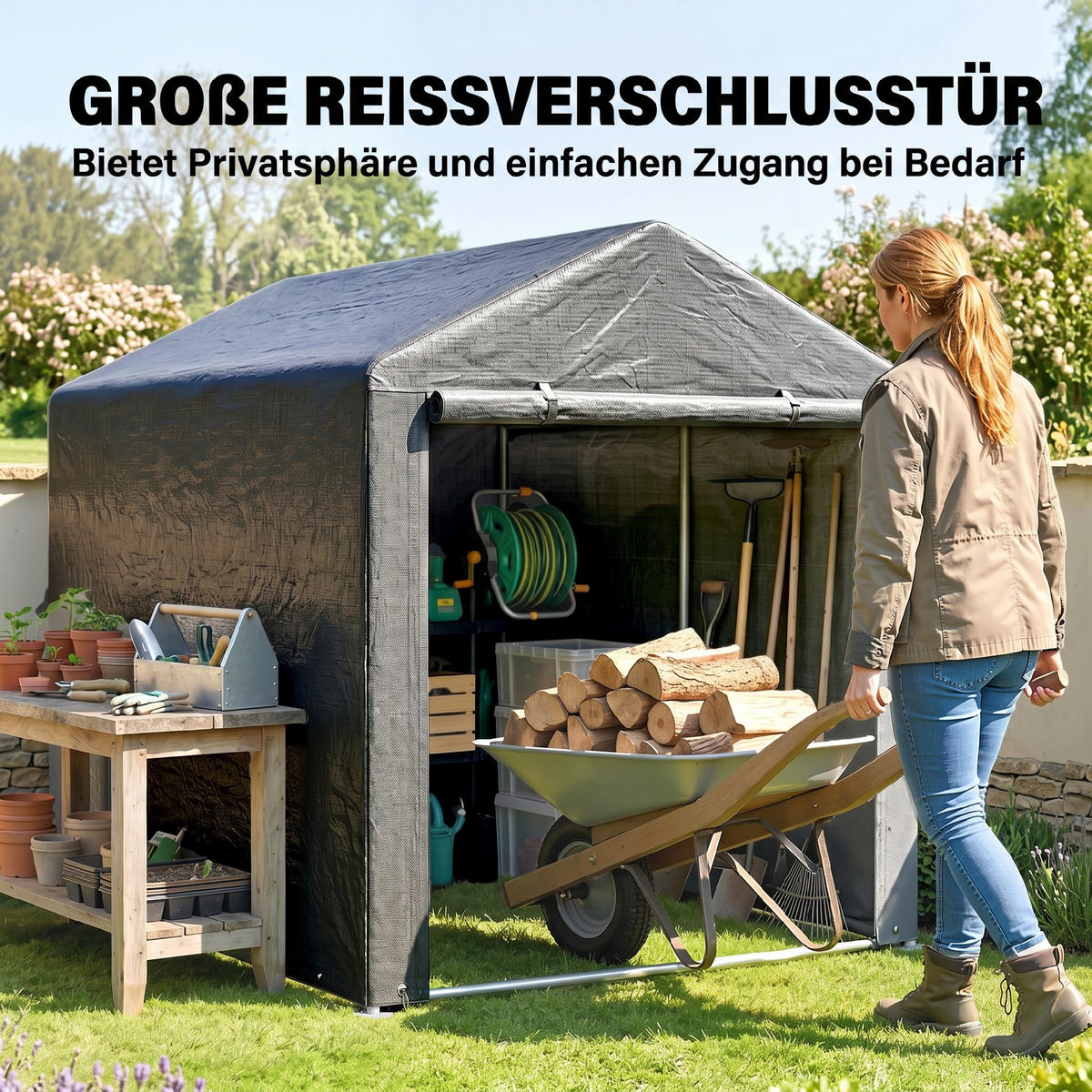 GERÄTESCHUPPEN, Zeltgarage, Tür, Metallrahmen, rostfrei, 160x218x172cm, Dunkelgrau - Multicolor, Kunststoff (218/172/160cm) - FORIOUS