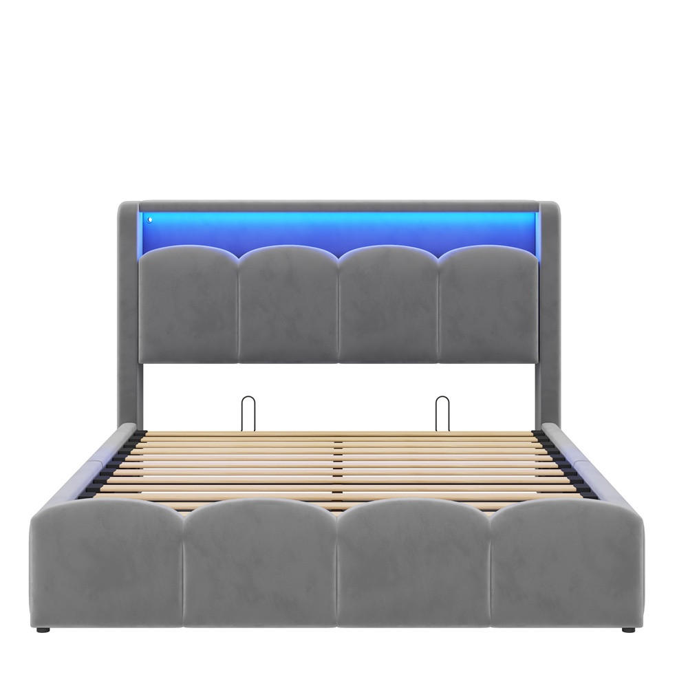 POLSTERBETT 140x200 cm mit KopfteilStauraum & hydraulischem Stauraum - USB und Type-C & LED - Grau - Grau, Textil (140/200cm) - DELFA