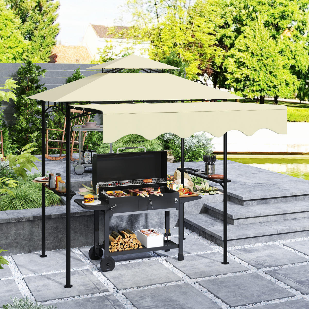 GRILLPAVILLON 242x232x248 cm wasserabweisend flammhemmend Gartenpavillon mit Doppelschichtdach Beige - Beige, Metall (242/248/232cm)