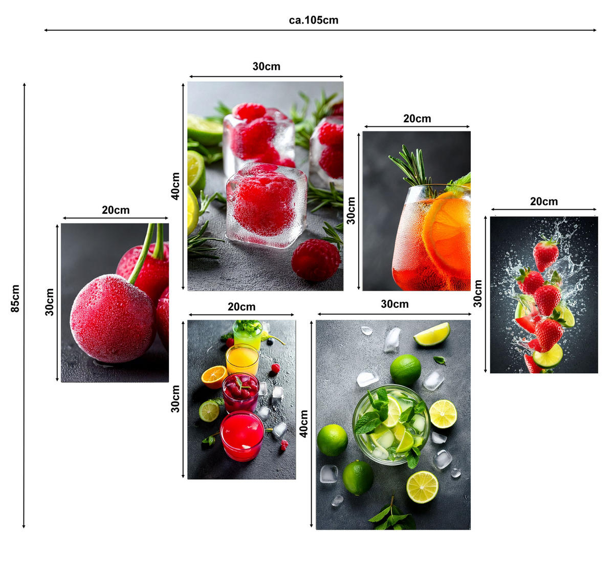 BILDERSET 6er-Set 30x40 cm + 20x30 cm Cocktails Küche - Anthrazit, Kunststoff (105/85cm) - artissimo