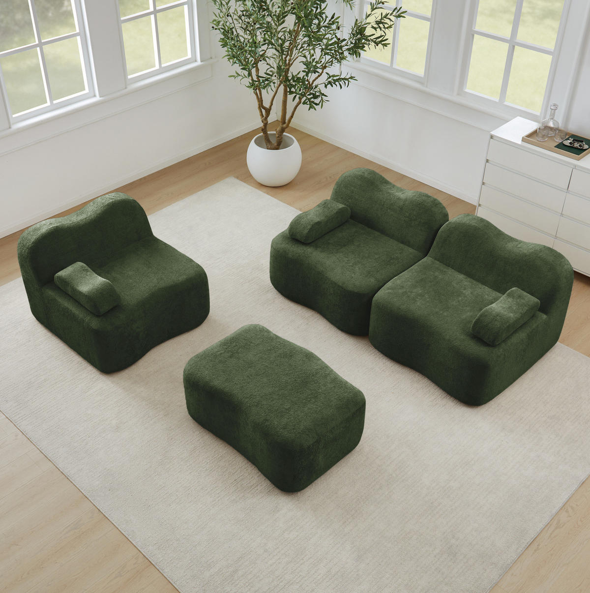 SOFA 288/167/70 cm in Grün aus Samt mit Wellenform und Hocker - Grün, Textil (167/70/288cm) - Flora Grace