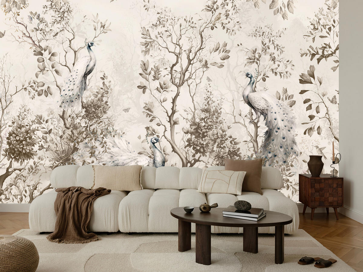 FOTOTAPETE für Wohnzimmer Pfauen Zwischen Bäumen Büsche Blätter 100x70 - Beige, Papier (100/70cm) - Muralo