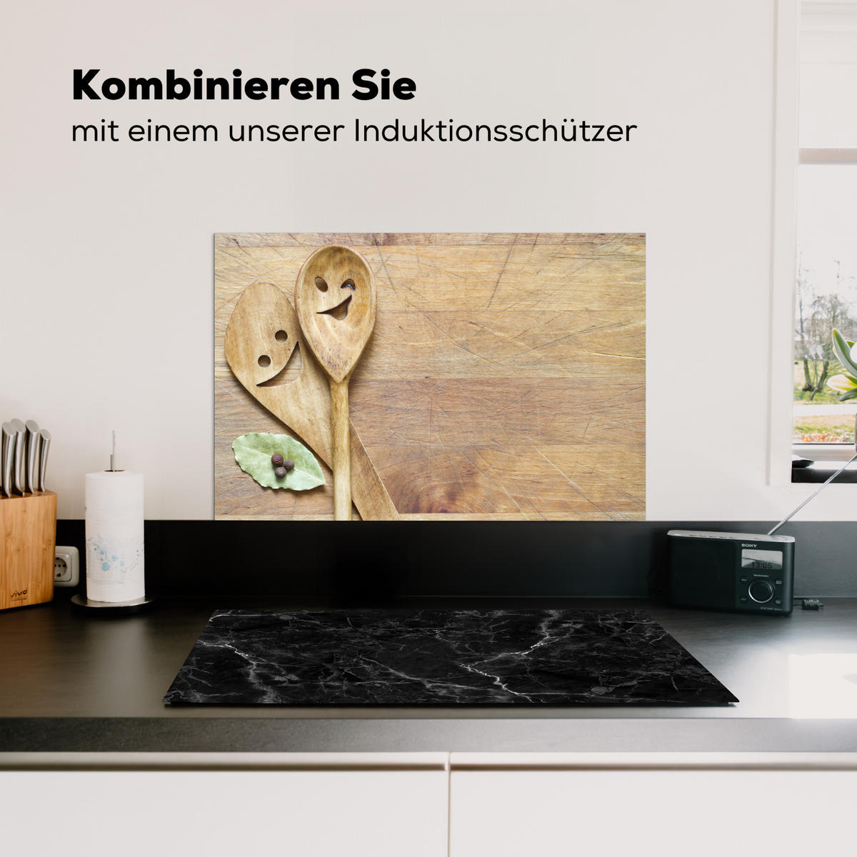 SPRITZSCHUTZ KÜCHE Holz - Löffel - Braun - Smiley 70x50 cm - Hellbraun, Metall (70/0.3/50cm) - MuchoWow