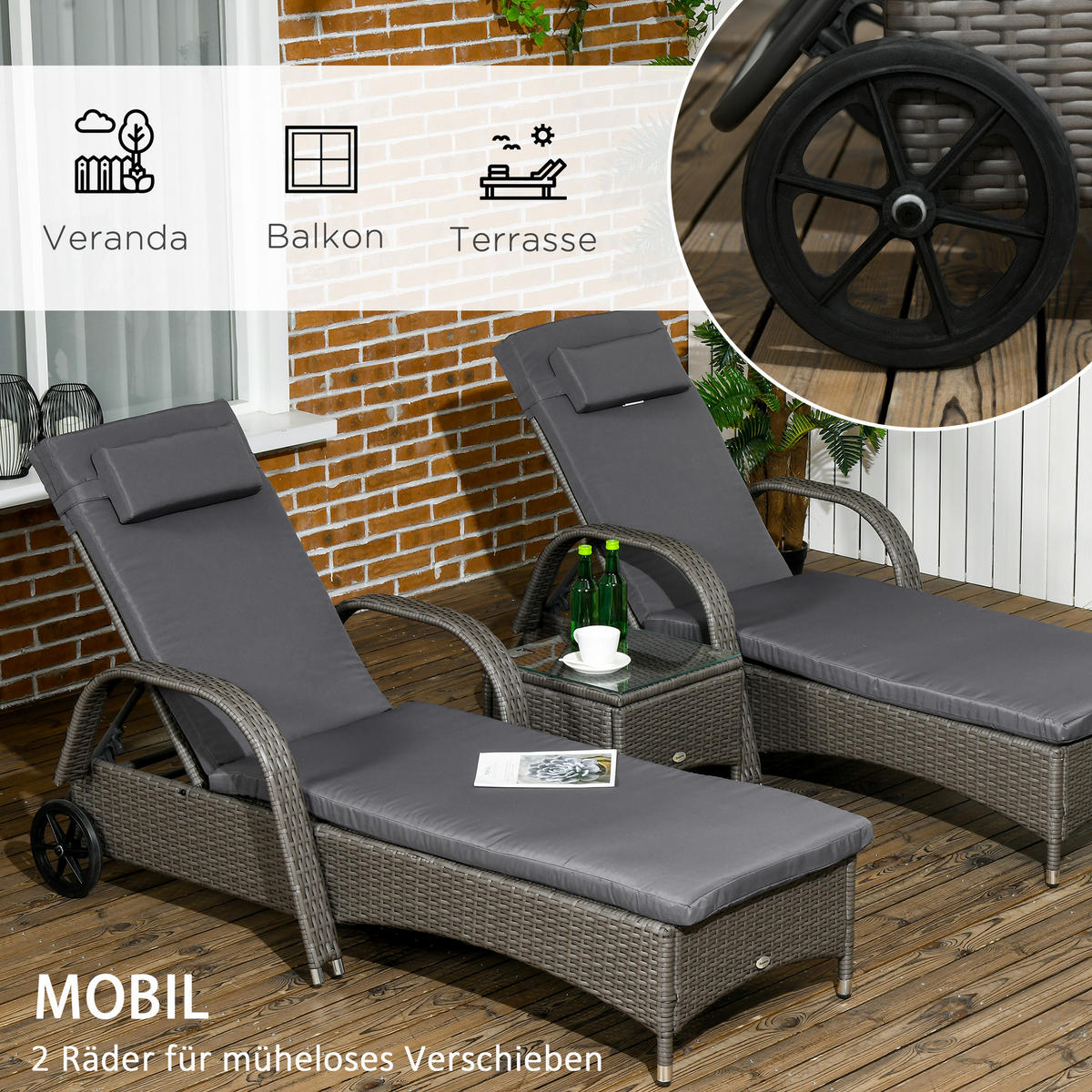 GARTENMÖBEL, Polyrattan+Metall Grau+Dunkelgrau - Grau, Kunststoff - Outsunny