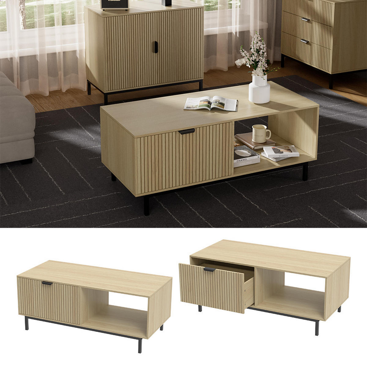 COUCHTISCH Lennox Eiche 110 x 50 cm - Eichefarben/Schwarz, Holzwerkstoff (50/110/45cm) - Vicco