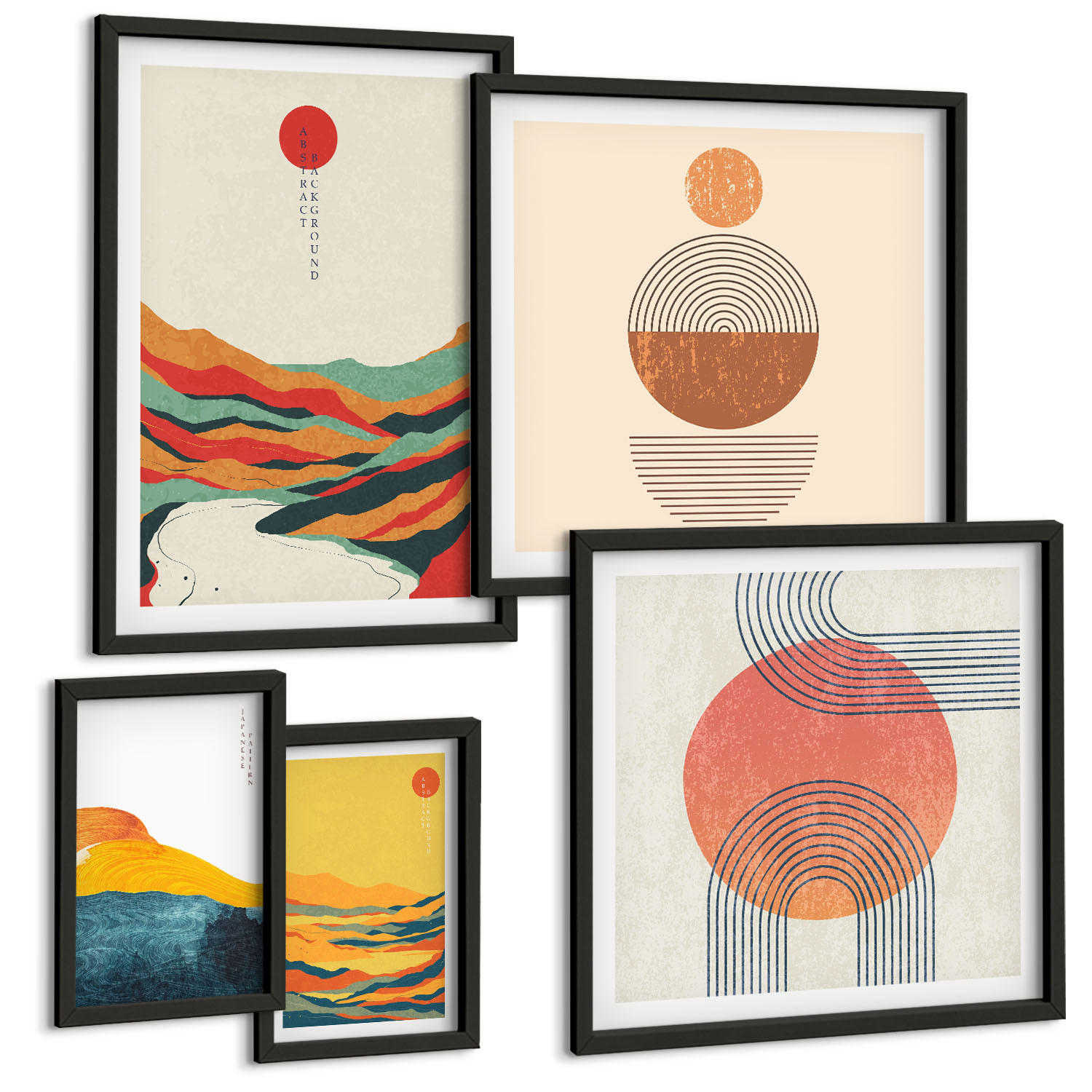 BILDER SET 5er Set - 50x50 cm & 20x30 cm & 40x60 cm Schwarzer Rahmen - Abstrakte Berglandschaften - Schwarz, Kunststoff (40/60cm) - TULUP