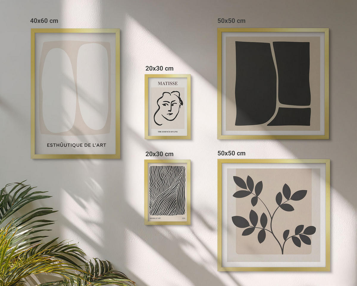 WANDBILDER 5er Set - 50x50 cm & 20x30 cm & 40x60 cm Goldrahmen - Minimalistische Pflanzenmuster - Goldfarben, Kunststoff (40/60cm) - ArtPrintCave