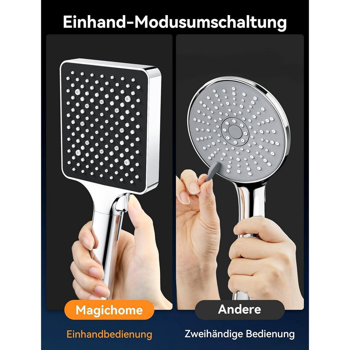 HANDBRAUSE 6 Strahlarten Hochdruck Wassersparend Schwarz - Schwarz, Kunststoff (10.5/12.7/27cm)