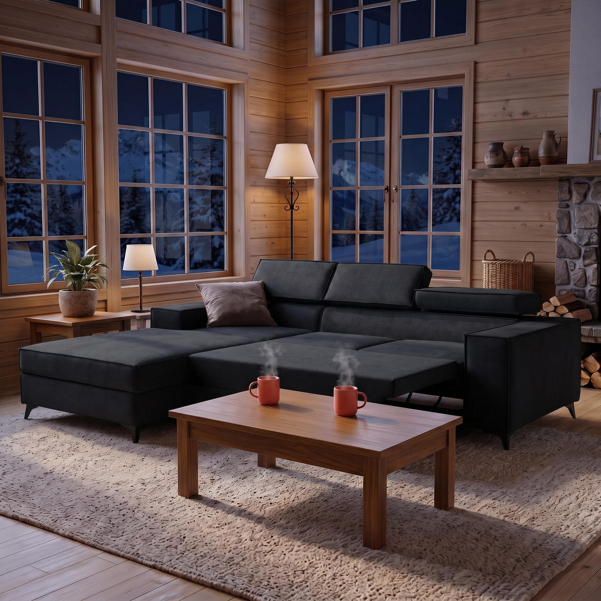 ECKSOFA PURE S Links mit Schlaffunktion 127x215 Velours Graphit - Graphitfarben/Schwarz, Holz/Textil (281/204cm) - Muffo
