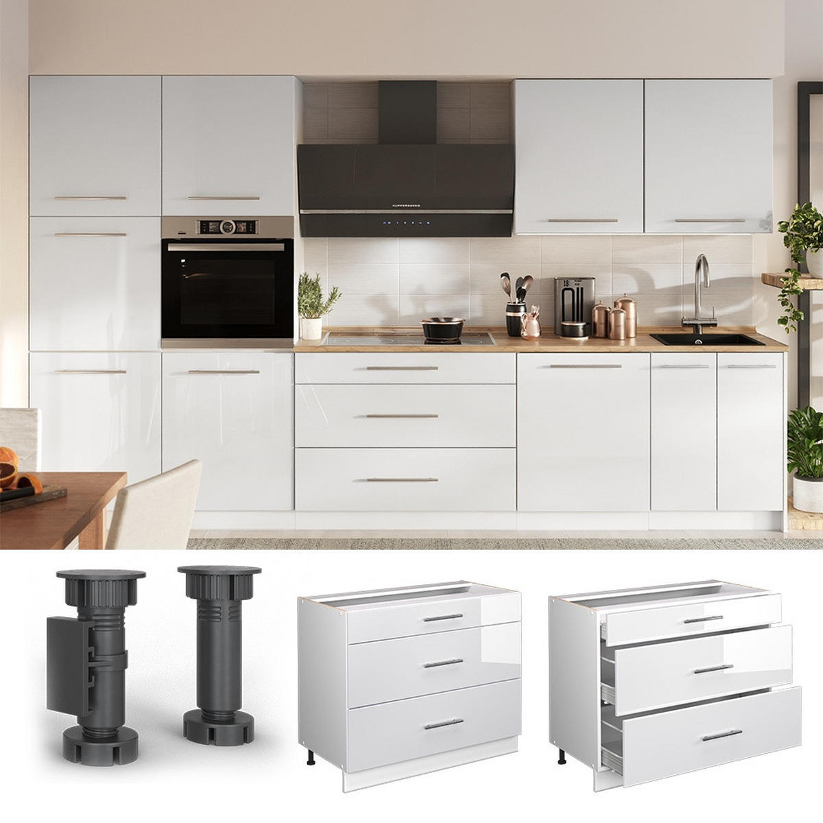 KÜCHENUNTERSCHRANK Fame-Line, Weiß Hochglanz/Weiß, 100 cm ohne Arbeitsplatte - Weiß Hochglanz/Weiß, Holzwerkstoff (100/82/51.6cm) - Vicco