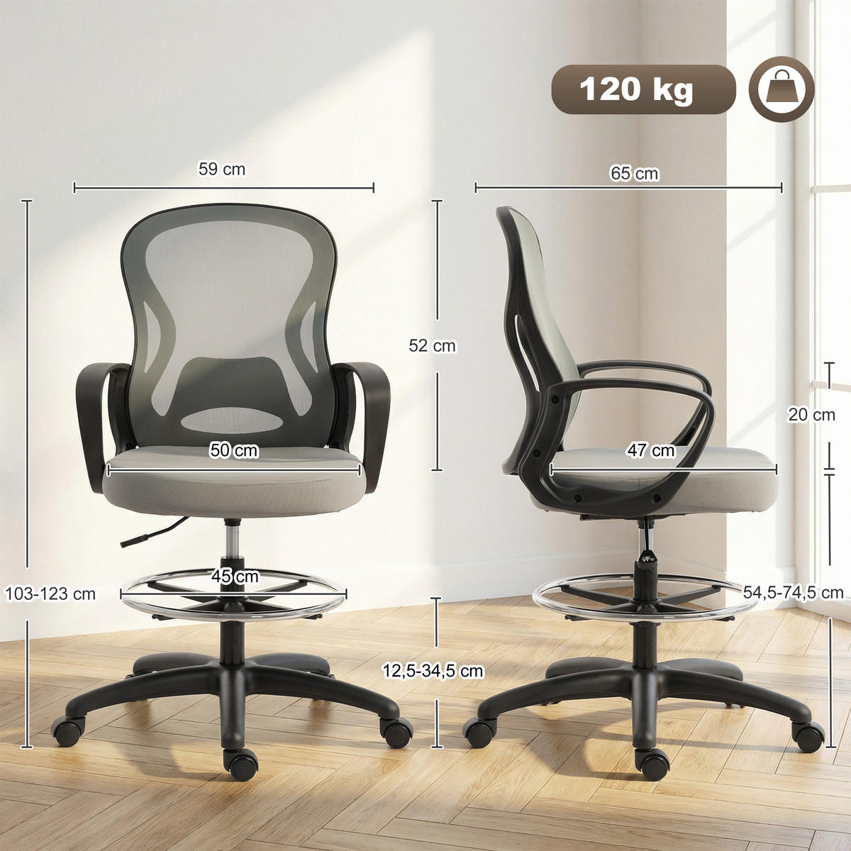 DREHSTUHL DE-11857 höhenverstellbar mit Fußring & Netz Grau - Grau, Metall (59/123/65cm) - ComfortXL