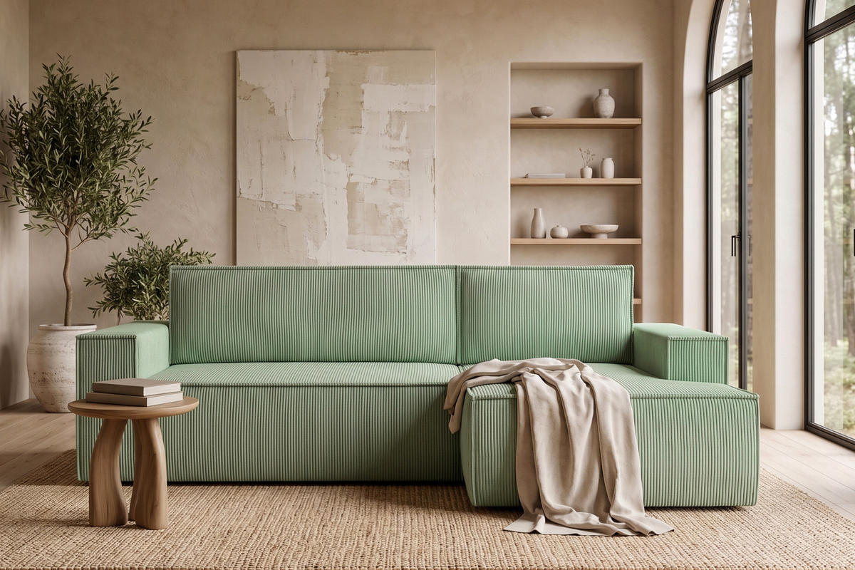 ECKSCHLAFSOFA-RECHTS NAPI in Pet Friendly Cord-Stoff, mintfarben - Schwarz/Mintgrün, Textil (262/148cm) - KONSIMO®