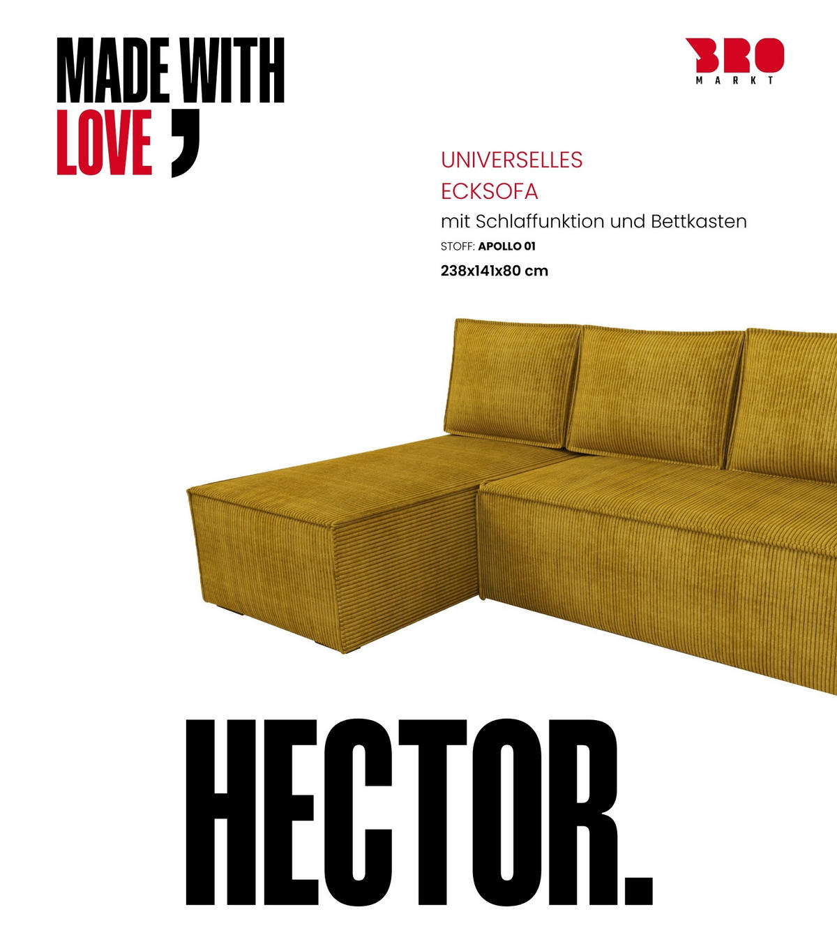 ECKSOFA Hector mit Schlaffunktion Gelb Cord - Gelb, Textil (200/141cm) - Bromarkt