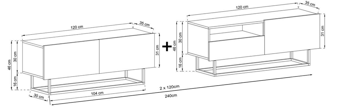 TV-LOWBOARD 2-er Set Enjoy Graphit Matt Schublade mit Metallrahmen 120 cm - Schwarz/Grau, Keramik/Holzwerkstoff (35/240/46cm) - Meble Lindner