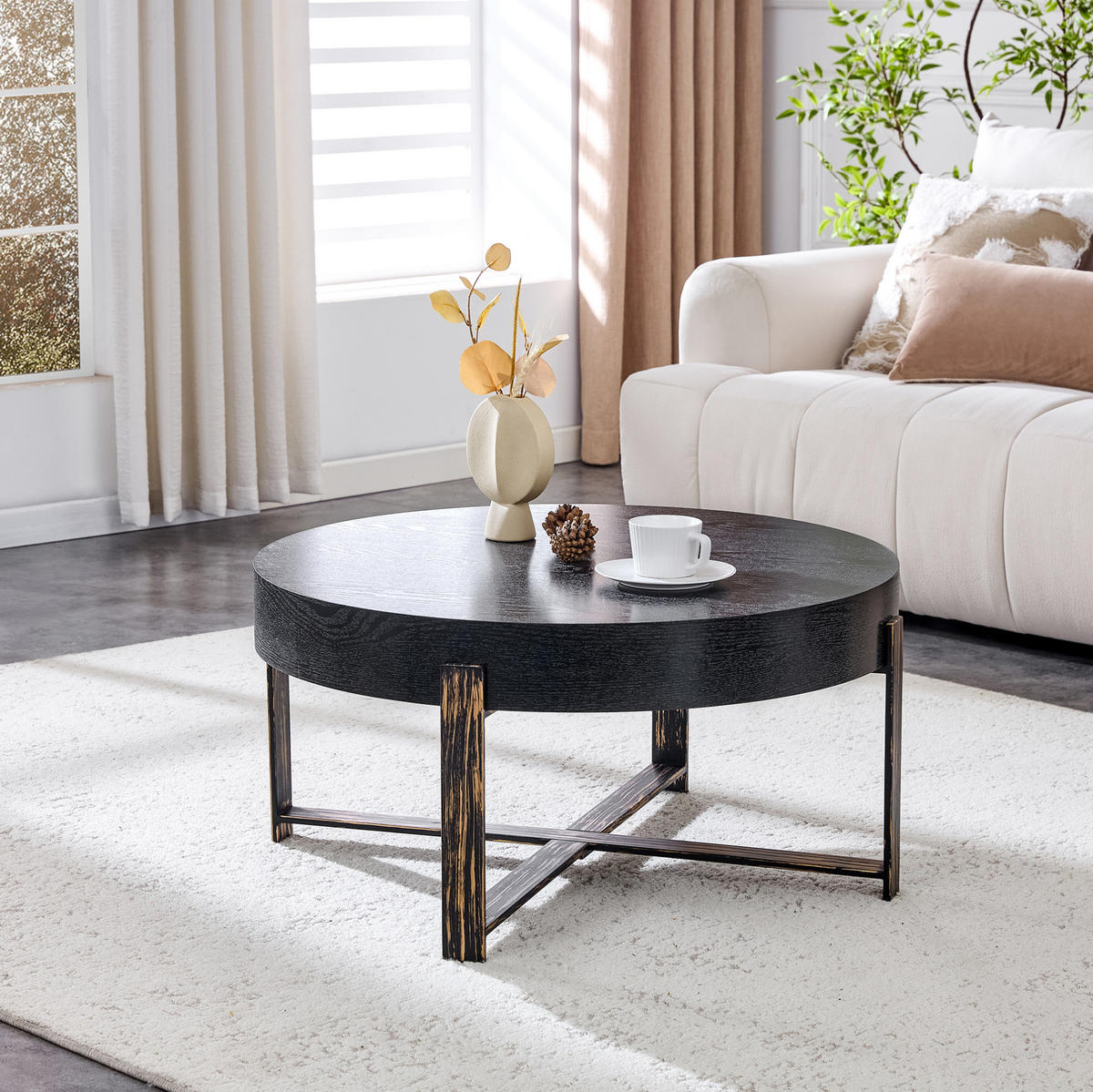 COUCHTISCH 68 cm in Schwarz aus MDF und Metall mit Kreuzgestell - Schwarz, Holzwerkstoff (68/68/36cm) - OKMYHOME