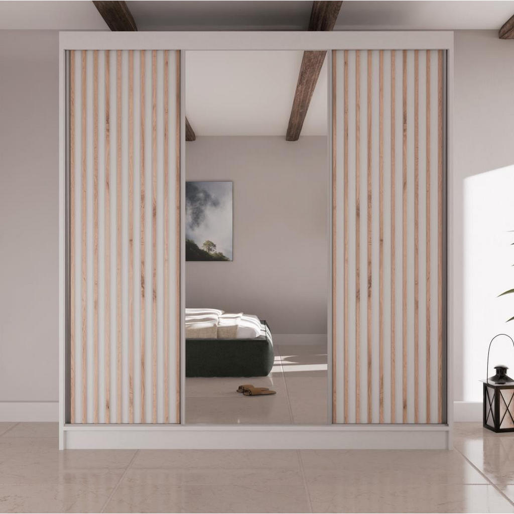 Thumbnail - Beautysofa Schwebetürenschrank, Weiß, Holzwerkstoff, 9 Fächer, 4 Schubladen, 200x215x61 cm, Schlafzimmer, Kleiderschränk...