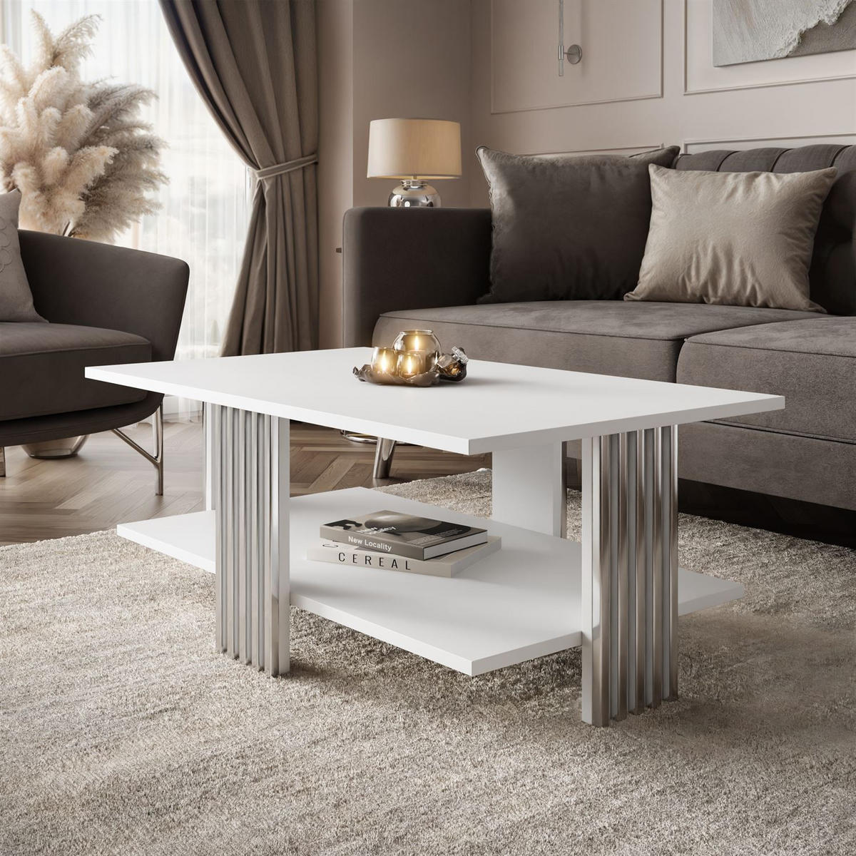 COUCHTISCH SAPHIRA SILVER mit Ablageboden, Weiß matt - Weiß, Holzwerkstoff (60/100/40cm) - Lookway