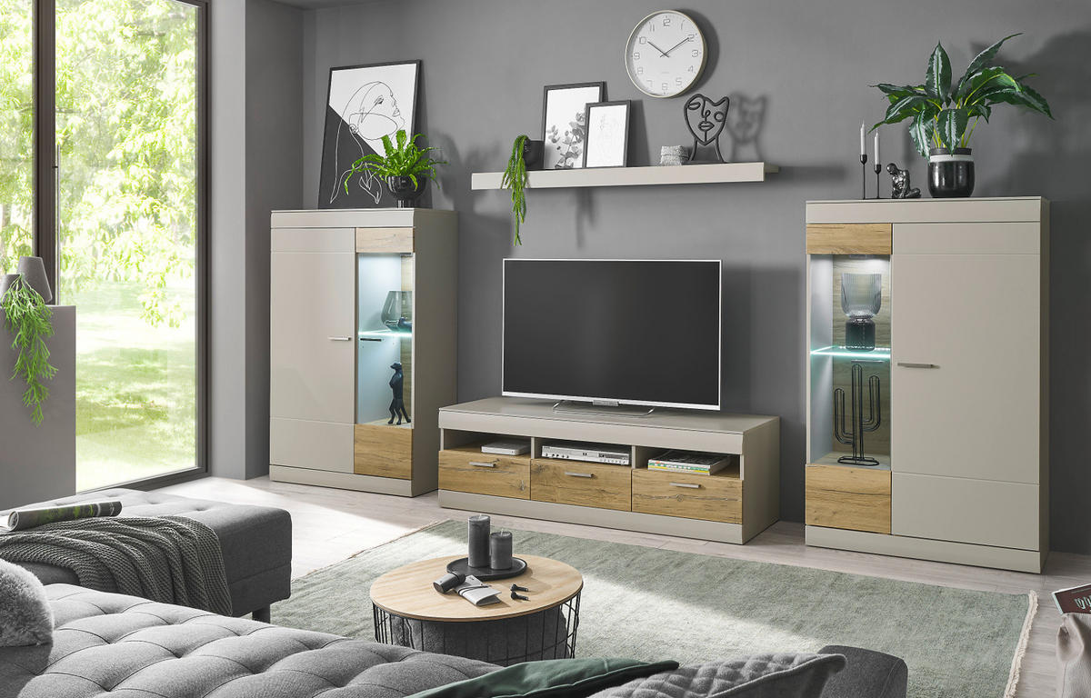 VITRINE grau matt, Zinneiche 90 cm, Vitrinenschrank mit Soft-Close-Funktion - Eichefarben/Silberfarben, Glas/Holzwerkstoff (90/139/35cm) - Furn.Design