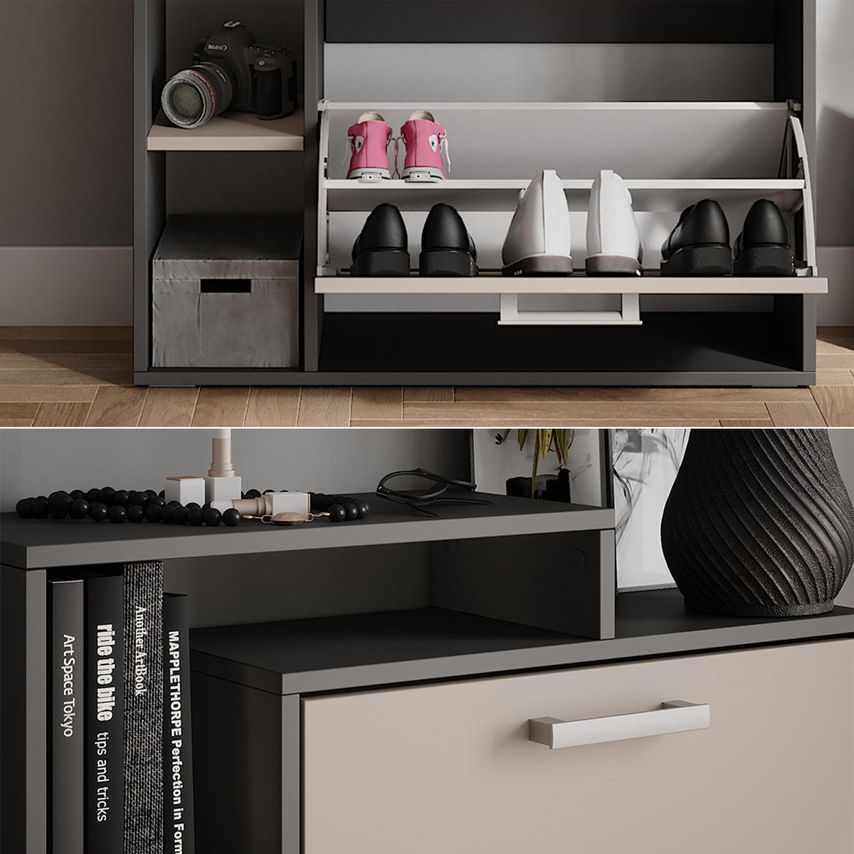 SCHUHKIPPER Orlando Anthrazit/Greige 80 x 90 cm - Greige/Anthrazit, Holzwerkstoff (80/90/24.2cm) - Vicco