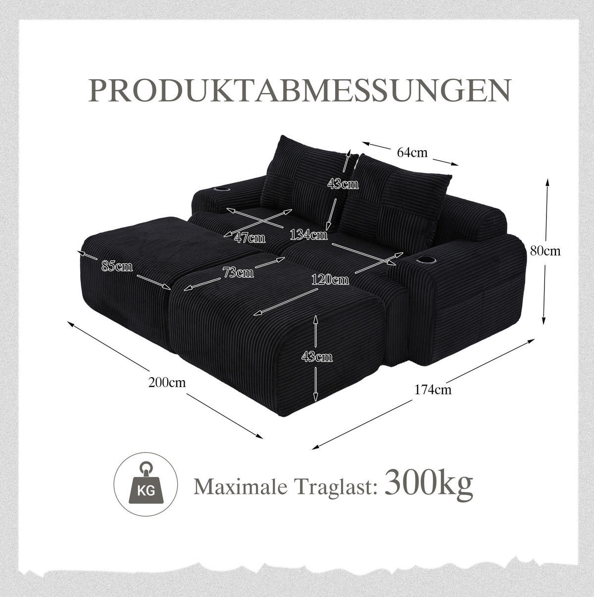 MODULARES 2-Sitzer Sofa Cordstoff mit Getränkehalter und Seitentasche 200/174/80 cm Schwarz - Schwarz, Textil (174/80/200cm) - Redom