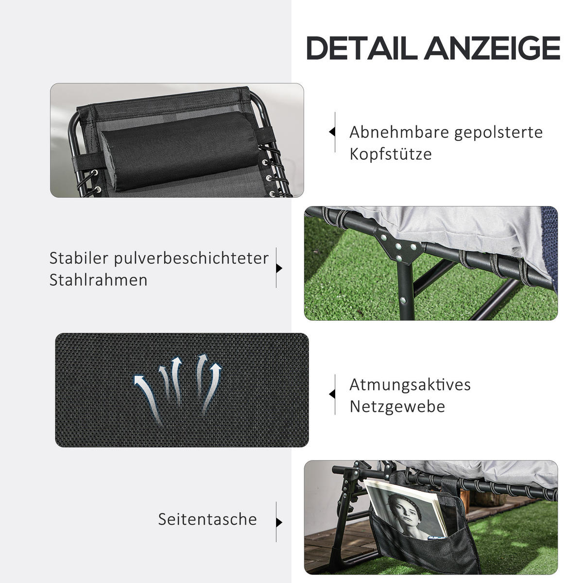 SONNENLIEGE, Hellgrau, Stahl, Polyester - Hellgrau, Metall (189/32.5/58cm) - Outsunny