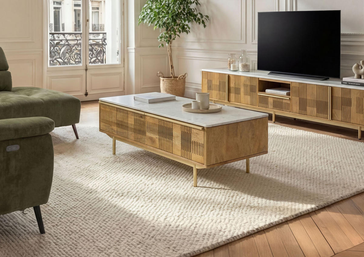 COUCHTISCH Mango 120x60x45 hellbraun geölt / Marmor weiß MIAMI #110 - Braun, Holz (120/60/45cm) - Massivmoebel24