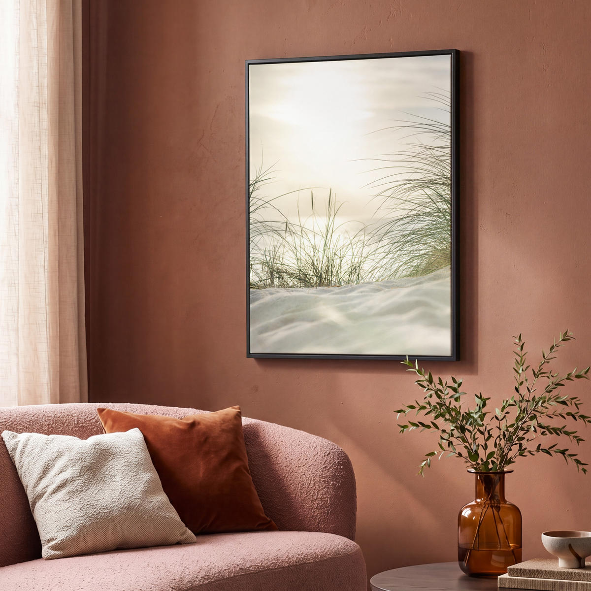 LEINWAND Bilder mit Rahmen - Dünen mit Strandhafer in der Sonne des Nationalparks Schleswig-Holsteinisches Wattenmeer - 70x100 - Creme, Textil (70/100cm) - MuchoWow