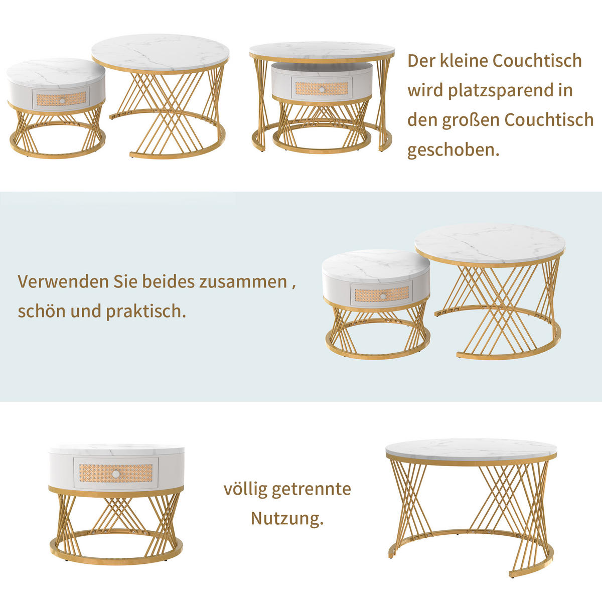 COUCHTISCH 70/50 cm Weiß aus MDF mit Marmormuster und Schublade - Weiß, Holzwerkstoff (70/70/45.5cm) - OKMYHOME