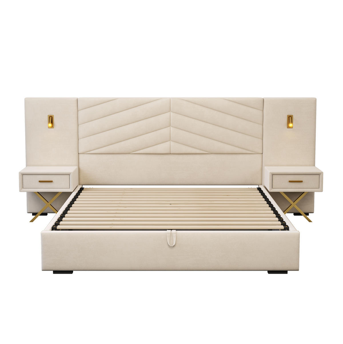 BETT mit Bettkasten und 2 Nachttischen 266 x 205 x 117 cm Beige-Weiß - Beige, Holzwerkstoff (160/200cm) - Beauniv