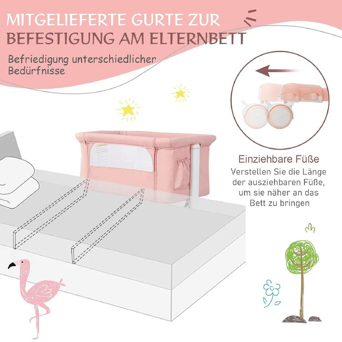 BABYWIEGE mit Wiege rosa - Pink, Textil - COSTWAY