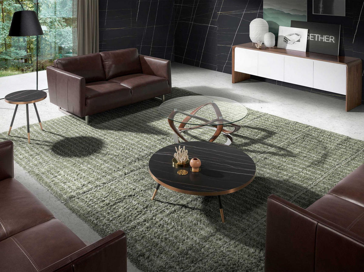 ECKTISCH Runder aus Porzellanmarmor und schwarzem Stahl Ø46/56 cm - Schwarz Hochglanz/Messingfarben, Stein/Metall (46/46/56cm) - ANGEL CERDA