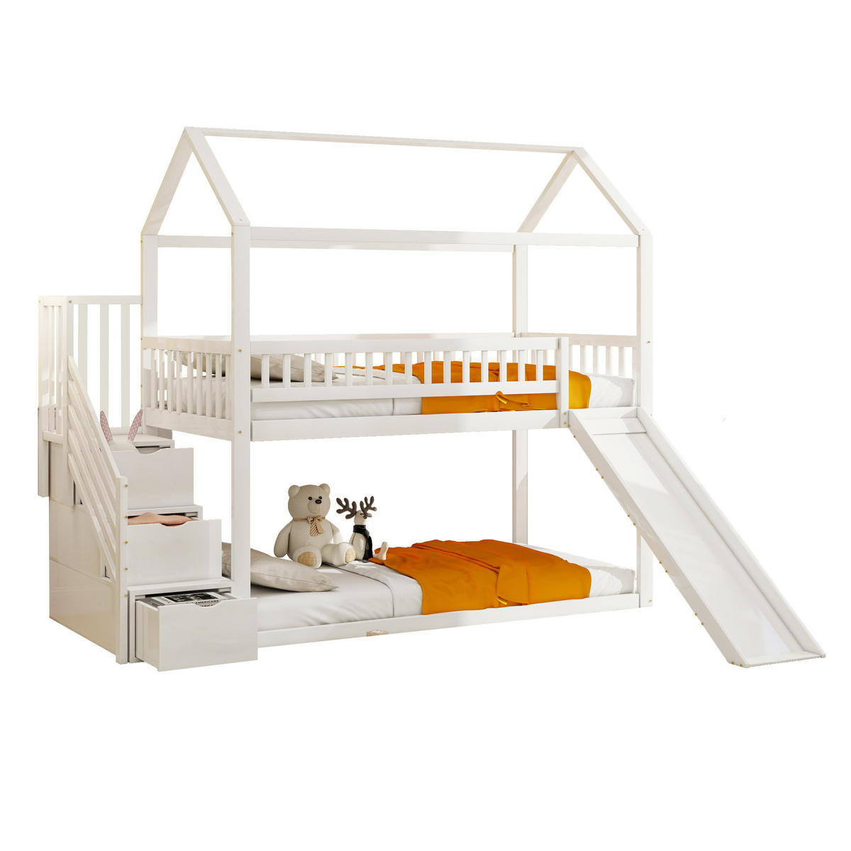 HOCHBETT 90/200 cm mit Rutsche und Stauraumleiter, Massivholz, Weiß - Weiß, Holz (90/200cm) - OKWISH
