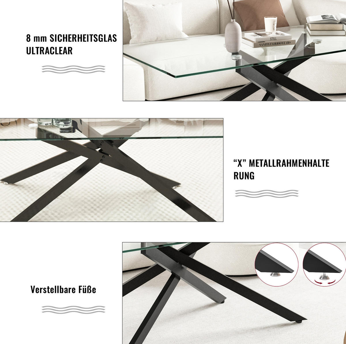COUCHTISCH aus Glas und Metall in Schwarz mit geformte Metallbeine - Schwarz, Glas (120/60/46cm) - Modfu