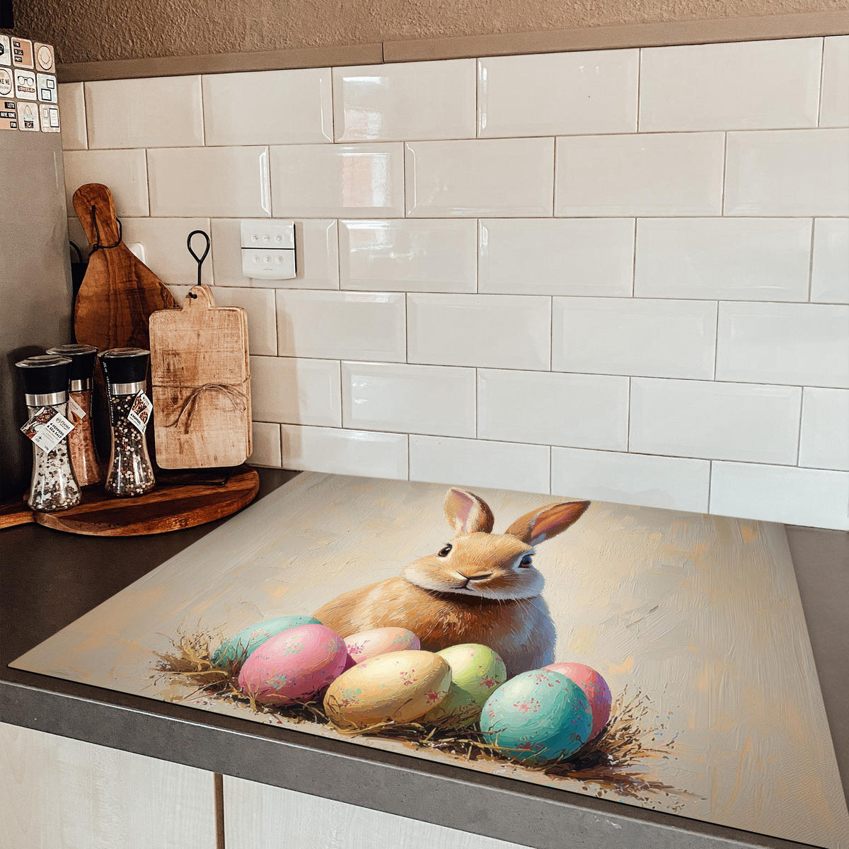 HERDABDECKPLATTE Osterhase - Pastell - Eier Induktionsmatte 77x59 cm - Beige, Kunststoff (77/59/0.2cm) - MuchoWow