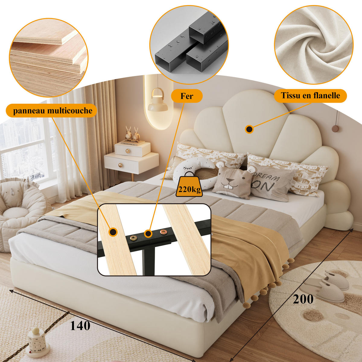 POLSTERBETT 140/200 cm in Beige Samt mit Blüten-Kopfteil - Beige, Holzwerkstoff/Textil (140/200cm) - STILVORA
