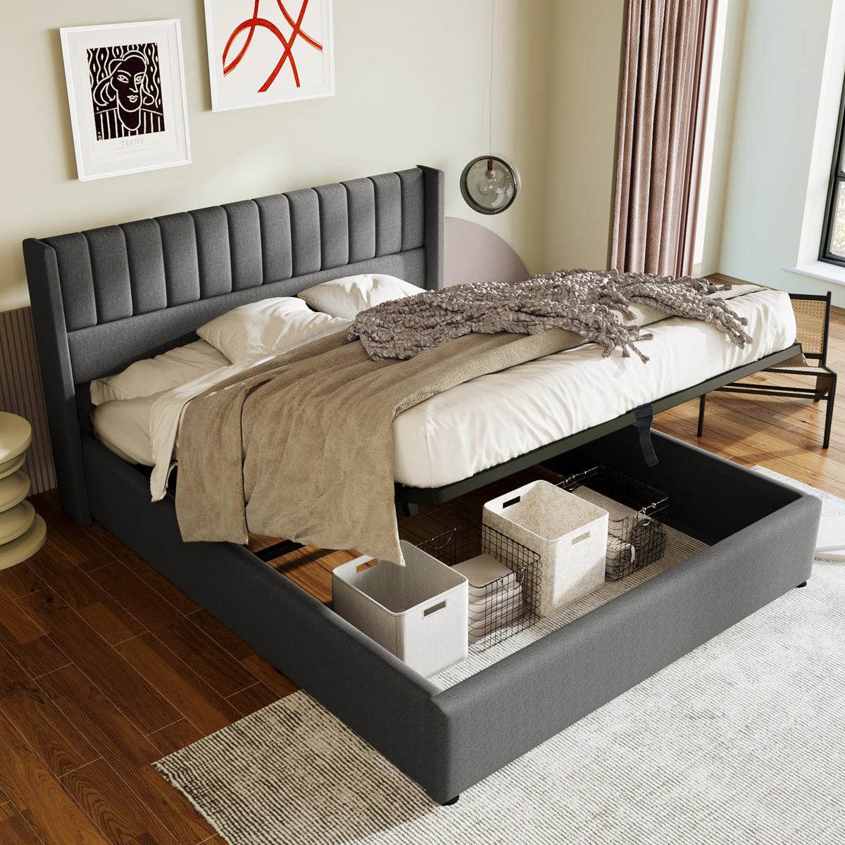 BETT mit Bettkasten 180x200 cm Leinen Grau - Grau, Metall (180/200cm) - Meubliv